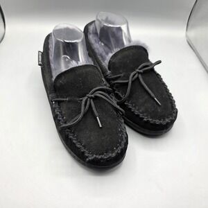 BEARPAW Mindy Slippers Womens 9 WIDE Black Suede Shearling Lined Moccasin